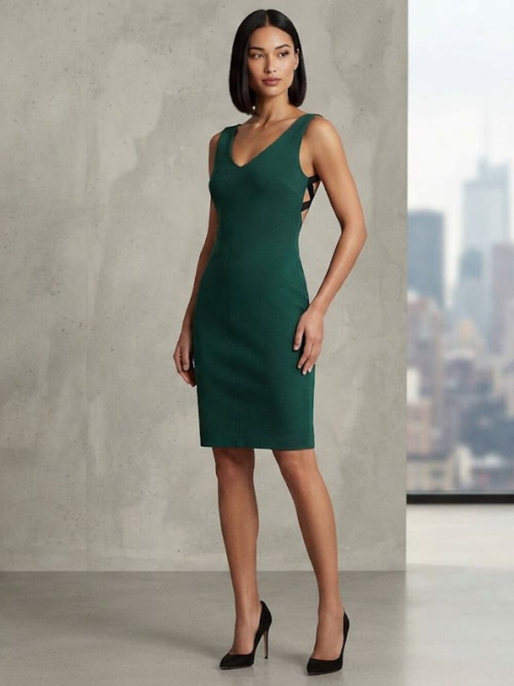 Forest Green V-Neck Sheath Dress with Black Criss-Cross Strappy Back Sleeveless